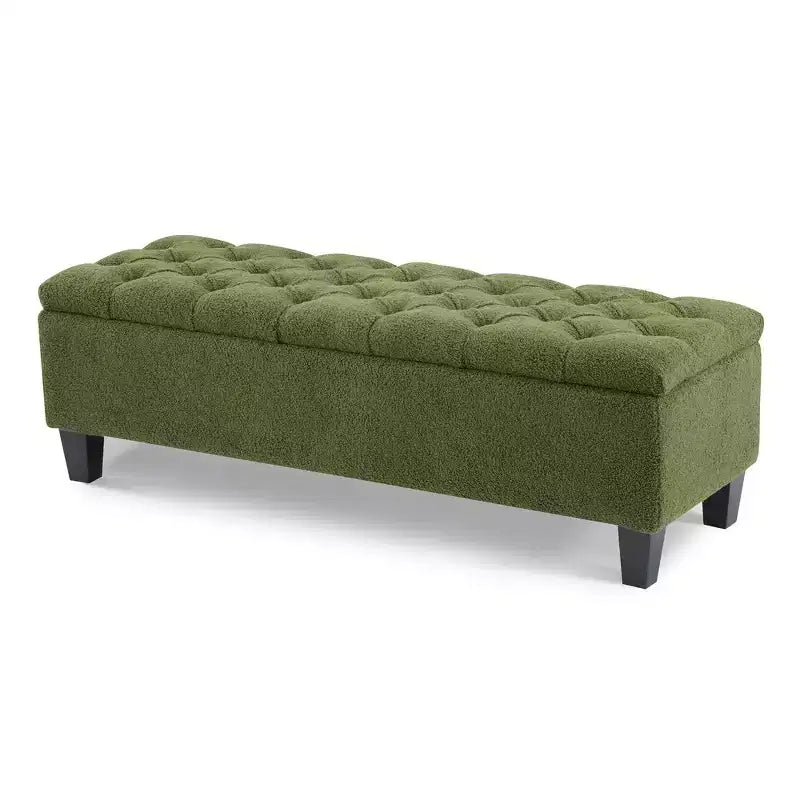 Banc de rangement ottoman Zeus & Ruta 51 po en tissu bouclé vert avec capitonnage et pieds en bois d'hévéa