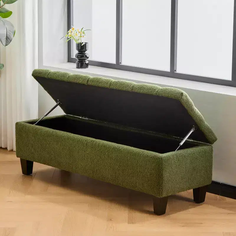 Banc de rangement ottoman Zeus & Ruta 51 po en tissu bouclé vert avec capitonnage et pieds en bois d'hévéa