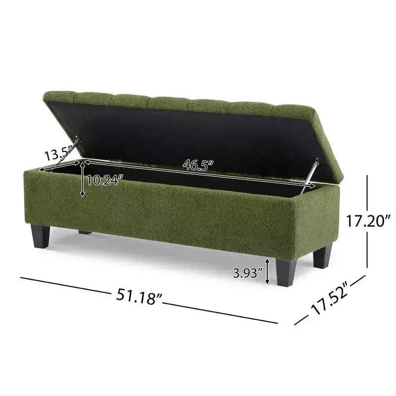 Banc de rangement ottoman Zeus & Ruta 51 po en tissu bouclé vert avec capitonnage et pieds en bois d'hévéa