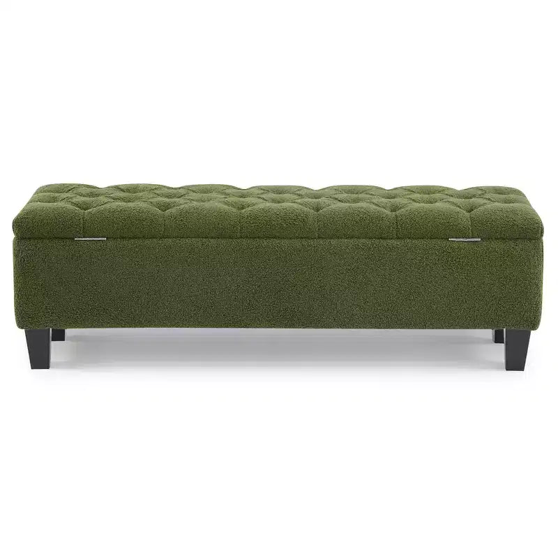 Banc de rangement ottoman Zeus & Ruta 51 po en tissu bouclé vert avec capitonnage et pieds en bois d'hévéa