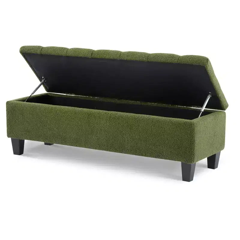 Banc de rangement ottoman Zeus & Ruta 51 po en tissu bouclé vert avec capitonnage et pieds en bois d'hévéa