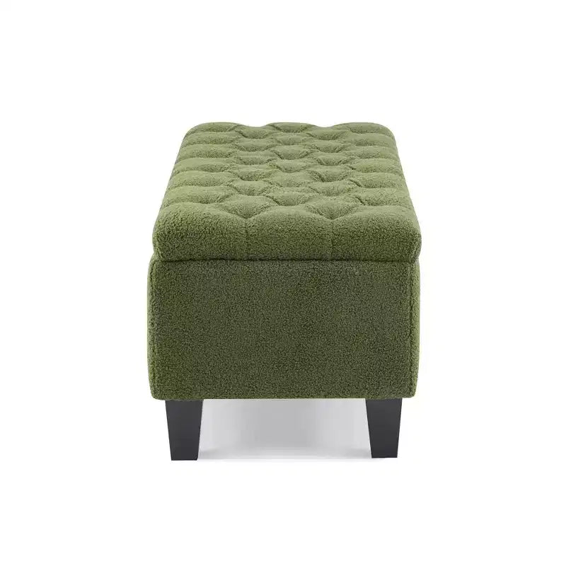 Banc de rangement ottoman Zeus & Ruta 51 po en tissu bouclé vert avec capitonnage et pieds en bois d'hévéa