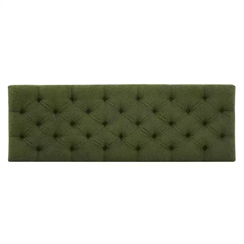 Banc de rangement ottoman Zeus & Ruta 51 po en tissu bouclé vert avec capitonnage et pieds en bois d'hévéa