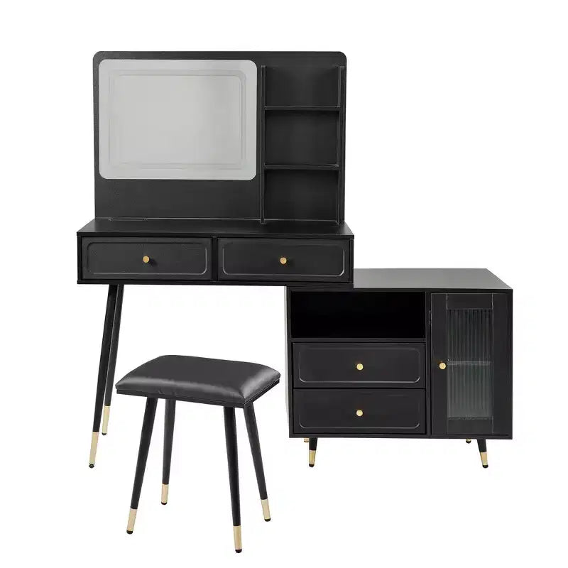 Coiffeuse moderne Whisen, table de maquillage rétractable, ensemble compact avec miroir, tiroirs et meuble de rangement