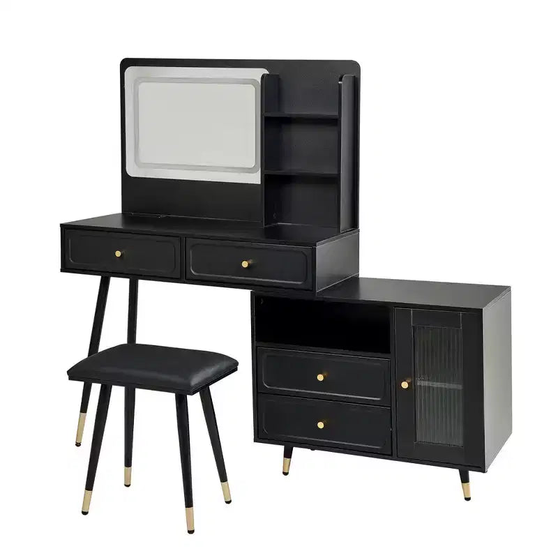 Coiffeuse moderne Whisen, table de maquillage rétractable, ensemble compact avec miroir, tiroirs et meuble de rangement