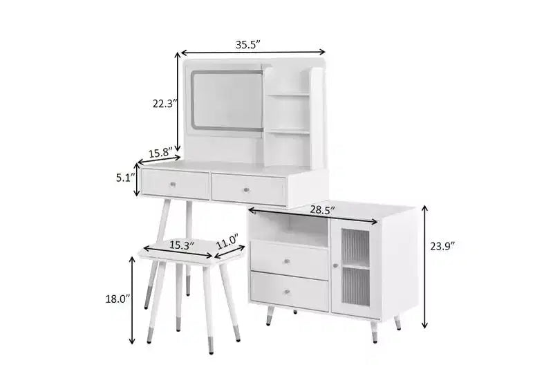 Coiffeuse moderne Whisen, table de maquillage rétractable, ensemble compact avec miroir, tiroirs et meuble de rangement