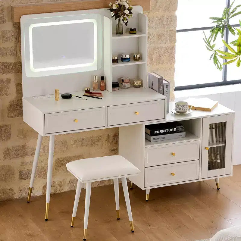 Coiffeuse moderne Whisen, table de maquillage rétractable, ensemble compact avec miroir, tiroirs et meuble de rangement