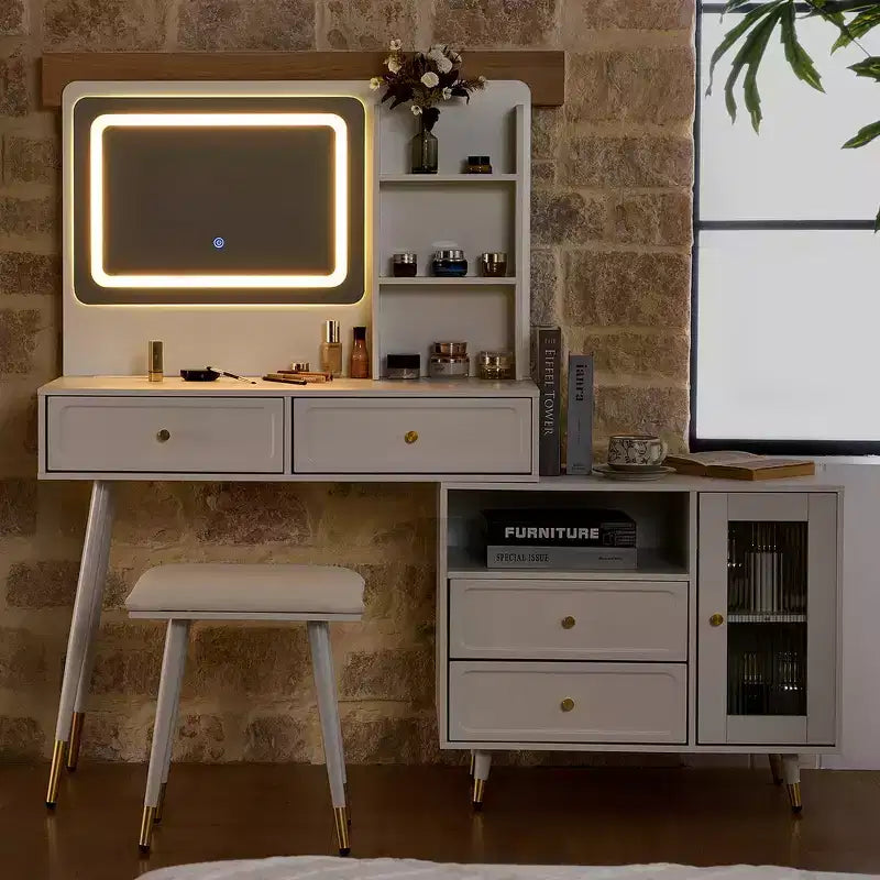 Coiffeuse moderne Whisen, table de maquillage rétractable, ensemble compact avec miroir, tiroirs et meuble de rangement