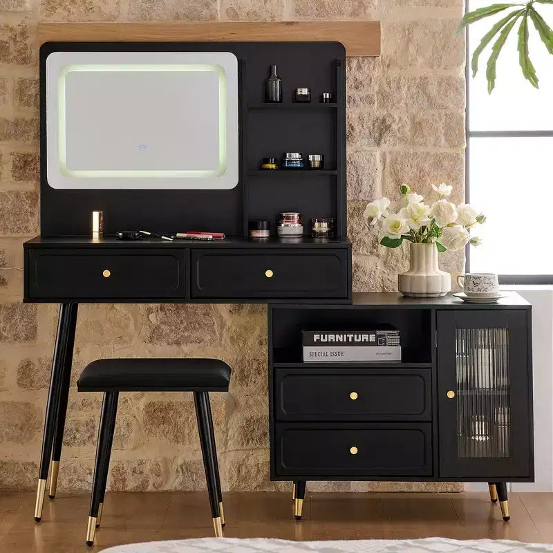 Coiffeuse moderne Whisen, table de maquillage rétractable, ensemble compact avec miroir, tiroirs et meuble de rangement
