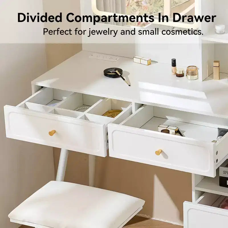 Coiffeuse moderne Whisen, table de maquillage rétractable, ensemble compact avec miroir, tiroirs et meuble de rangement