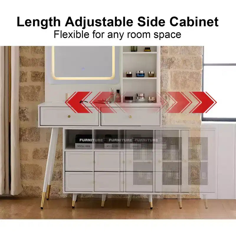 Coiffeuse moderne Whisen, table de maquillage rétractable, ensemble compact avec miroir, tiroirs et meuble de rangement
