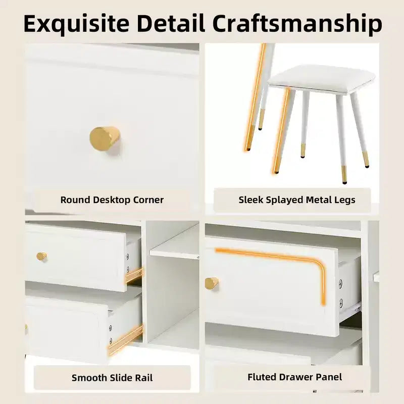 Coiffeuse moderne Whisen, table de maquillage rétractable, ensemble compact avec miroir, tiroirs et meuble de rangement