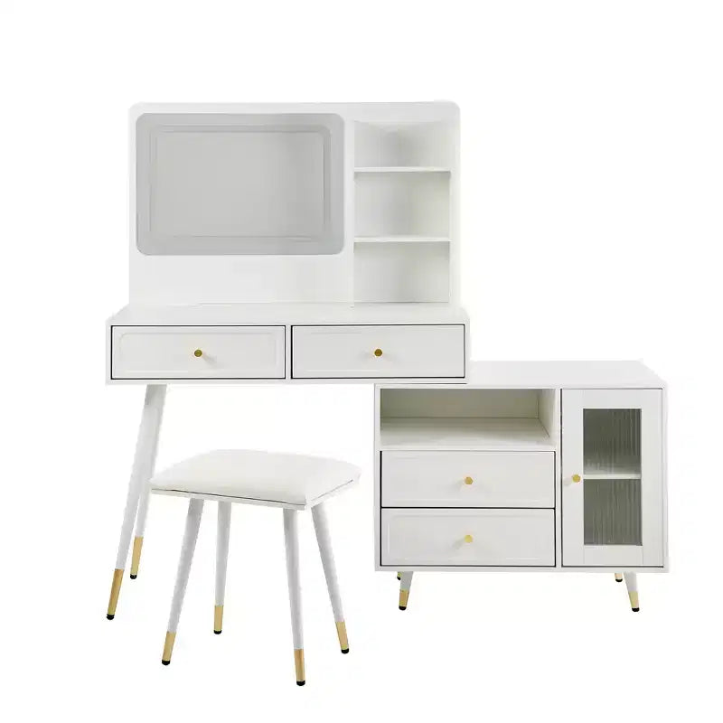 Coiffeuse moderne Whisen, table de maquillage rétractable, ensemble compact avec miroir, tiroirs et meuble de rangement