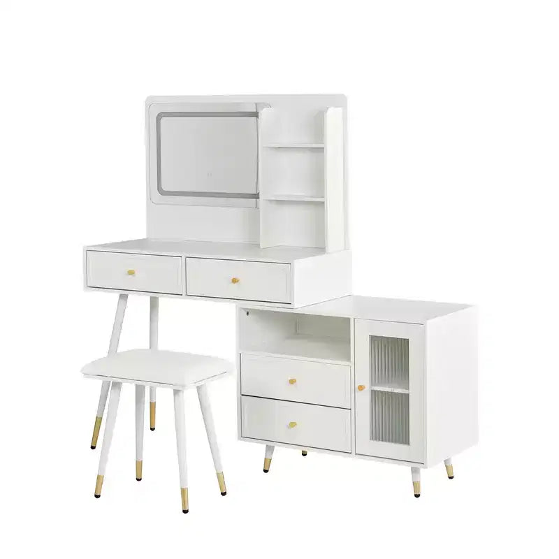 Coiffeuse moderne Whisen, table de maquillage rétractable, ensemble compact avec miroir, tiroirs et meuble de rangement