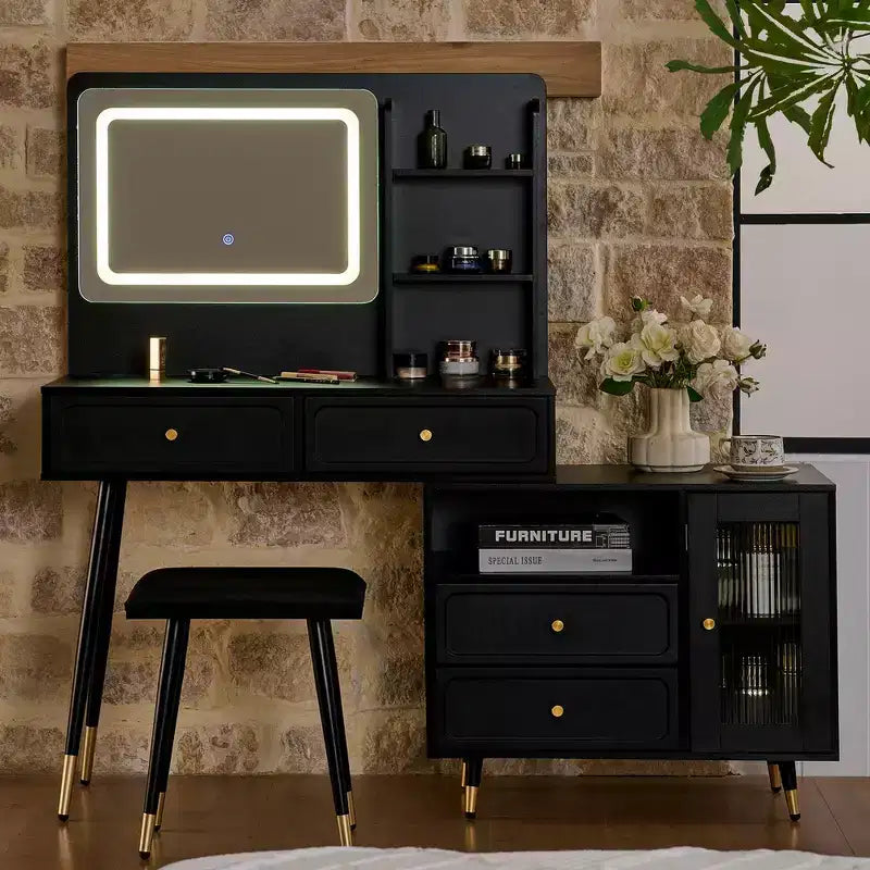 Coiffeuse moderne Whisen, table de maquillage rétractable, ensemble compact avec miroir, tiroirs et meuble de rangement