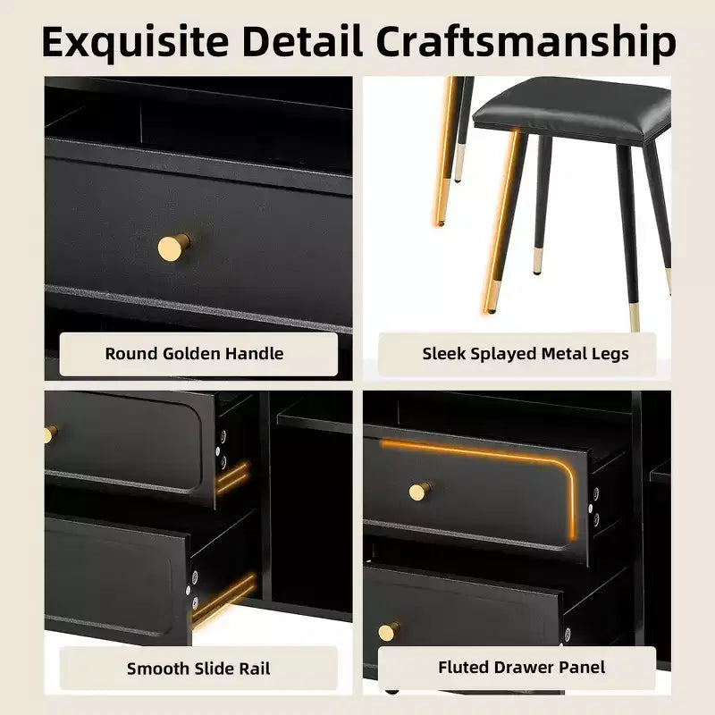 Coiffeuse moderne Whisen, table de maquillage rétractable, ensemble compact avec miroir, tiroirs et meuble de rangement