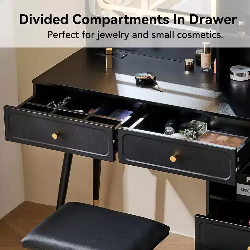 Coiffeuse moderne Whisen, table de maquillage rétractable, ensemble compact avec miroir, tiroirs et meuble de rangement