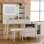 Coiffeuse moderne Whisen, table de maquillage rétractable, ensemble compact avec miroir, tiroirs et meuble de rangement
