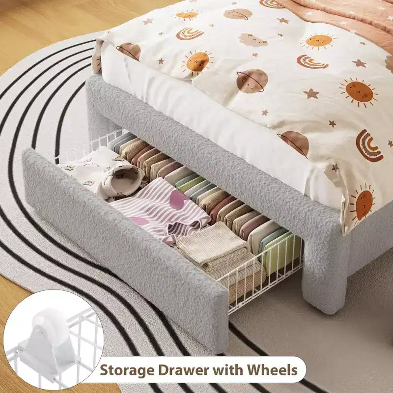 Cadre de lit LED rembourré, lit plateforme avec tiroirs et tête de lit de rangement pour enfants/filles/garçons, support robuste, sommier tapissier non requis