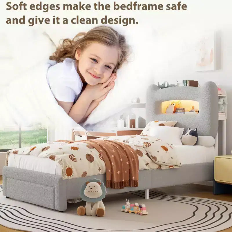 Cadre de lit LED rembourré, lit plateforme avec tiroirs et tête de lit de rangement pour enfants/filles/garçons, support robuste, sommier tapissier non requis