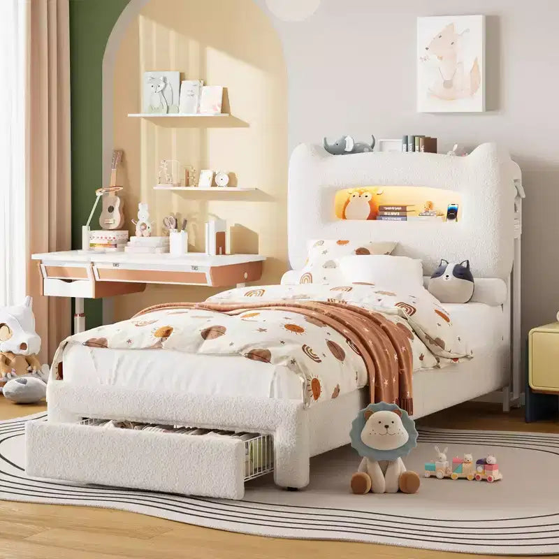 Cadre de lit LED rembourré, lit plateforme avec tiroirs et tête de lit de rangement pour enfants/filles/garçons, support robuste, sommier tapissier non requis