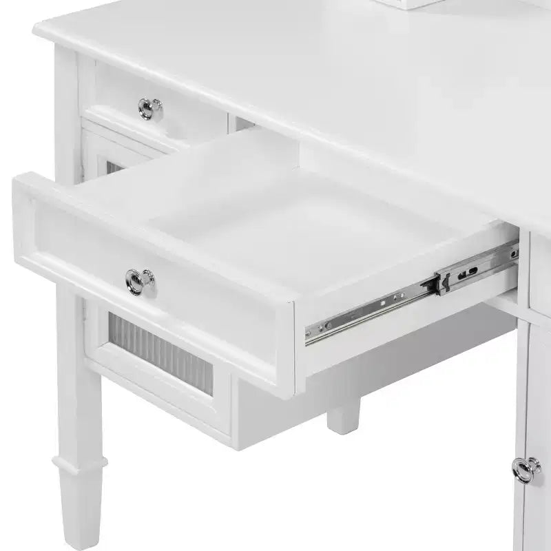 Coiffeuse Whisen 44.4, station de beauté peu encombrante avec miroir, tabouret, tiroir et meuble de rangement - Blanc