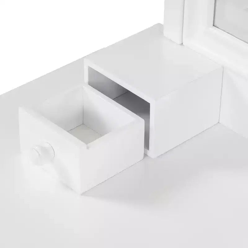 Coiffeuse Whisen 44.4, station de beauté peu encombrante avec miroir, tabouret, tiroir et meuble de rangement - Blanc