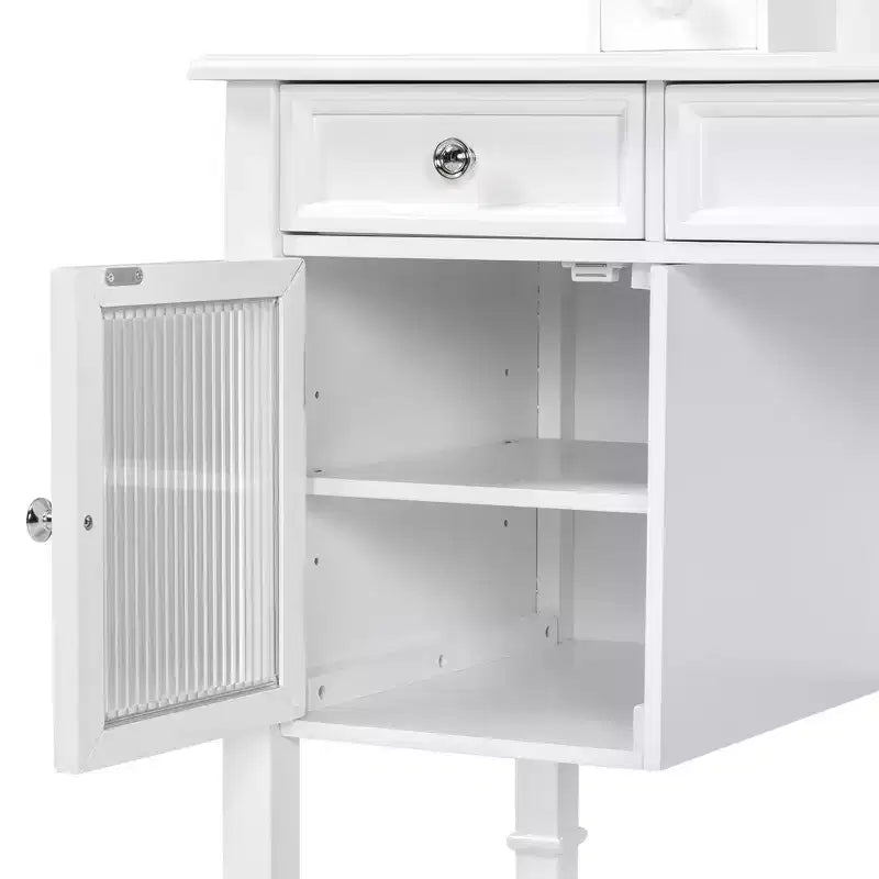 Coiffeuse Whisen 44.4, station de beauté peu encombrante avec miroir, tabouret, tiroir et meuble de rangement - Blanc