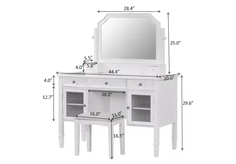 Coiffeuse Whisen 44.4, station de beauté peu encombrante avec miroir, tabouret, tiroir et meuble de rangement - Blanc