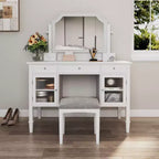 Coiffeuse Whisen 44.4, station de beauté peu encombrante avec miroir, tabouret, tiroir et meuble de rangement - Blanc