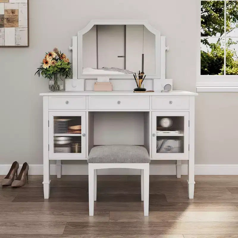 Coiffeuse Whisen 44.4, station de beauté peu encombrante avec miroir, tabouret, tiroir et meuble de rangement - Blanc