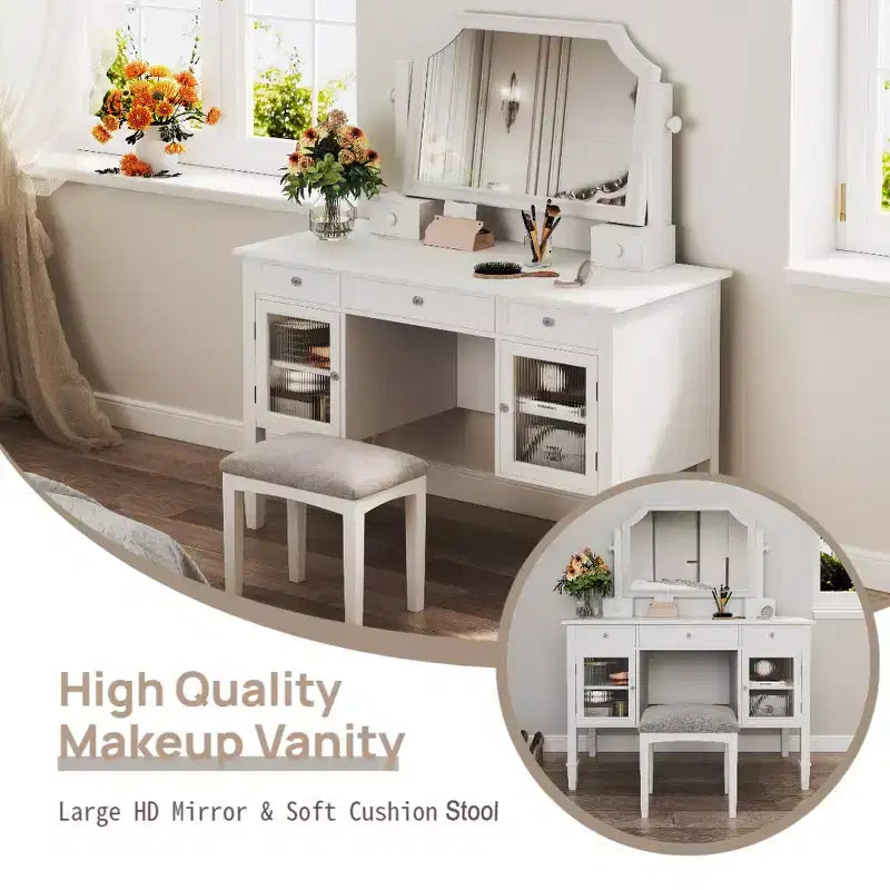Coiffeuse Whisen 44.4, station de beauté peu encombrante avec miroir, tabouret, tiroir et meuble de rangement - Blanc