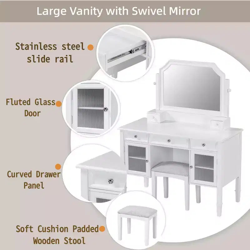 Coiffeuse Whisen 44.4, station de beauté peu encombrante avec miroir, tabouret, tiroir et meuble de rangement - Blanc