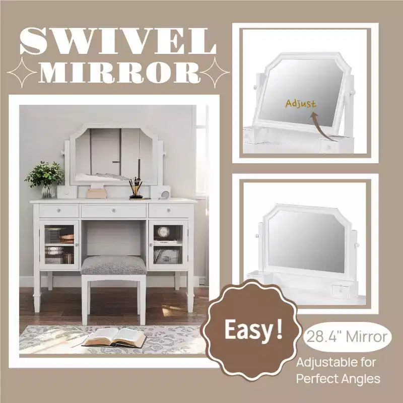 Coiffeuse Whisen 44.4, station de beauté peu encombrante avec miroir, tabouret, tiroir et meuble de rangement - Blanc