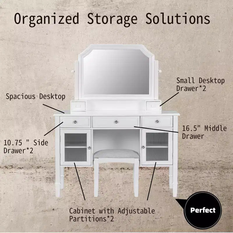 Coiffeuse Whisen 44.4, station de beauté peu encombrante avec miroir, tabouret, tiroir et meuble de rangement - Blanc