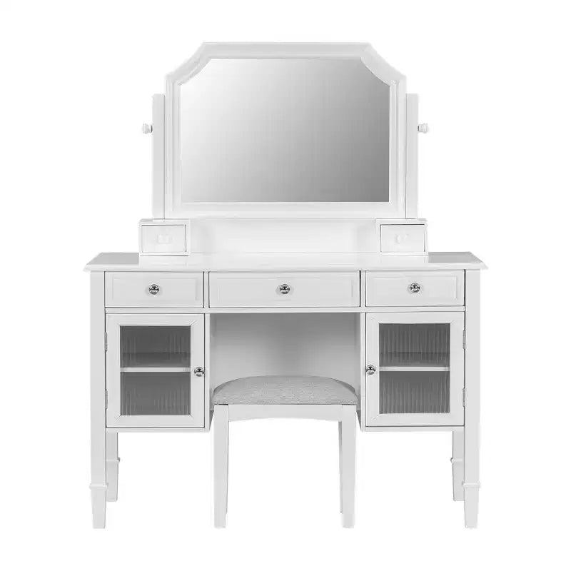 Coiffeuse Whisen 44.4, station de beauté peu encombrante avec miroir, tabouret, tiroir et meuble de rangement - Blanc