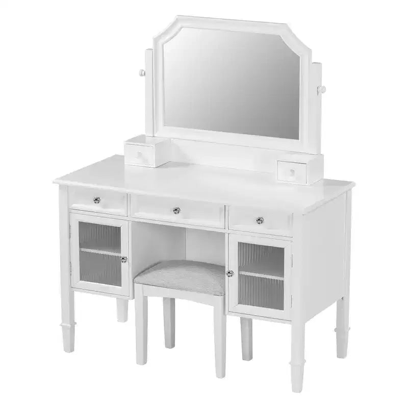Coiffeuse Whisen 44.4, station de beauté peu encombrante avec miroir, tabouret, tiroir et meuble de rangement - Blanc