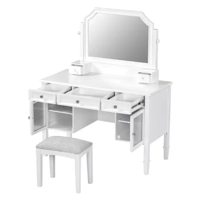 Coiffeuse Whisen 44.4, station de beauté peu encombrante avec miroir, tabouret, tiroir et meuble de rangement - Blanc