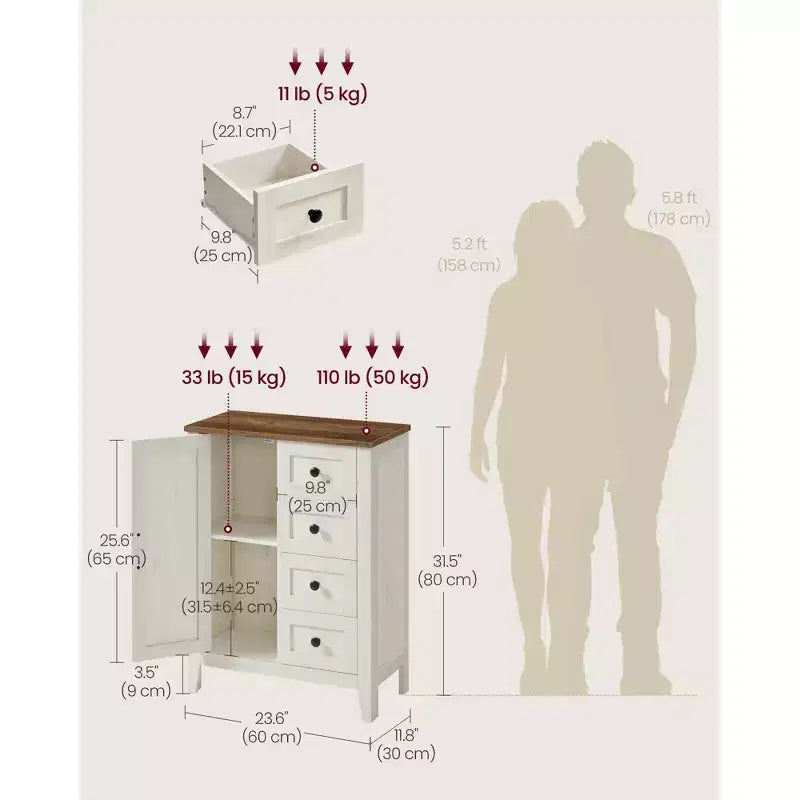 VASAGLE Collection LIRY - Meuble de Rangement, Meuble de Salle de Bain, 4 Tiroirs, Organisateur de Rangement sur Pied, Porte Coulissante, Étagère Réglable