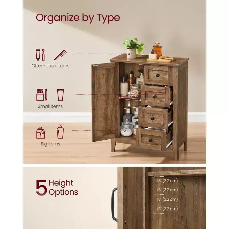 VASAGLE Collection LIRY - Meuble de Rangement, Meuble de Salle de Bain, 4 Tiroirs, Organisateur de Rangement sur Pied, Porte Coulissante, Étagère Réglable