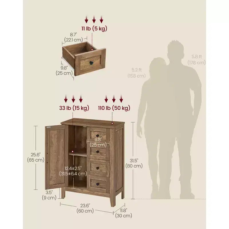 VASAGLE Collection LIRY - Meuble de Rangement, Meuble de Salle de Bain, 4 Tiroirs, Organisateur de Rangement sur Pied, Porte Coulissante, Étagère Réglable