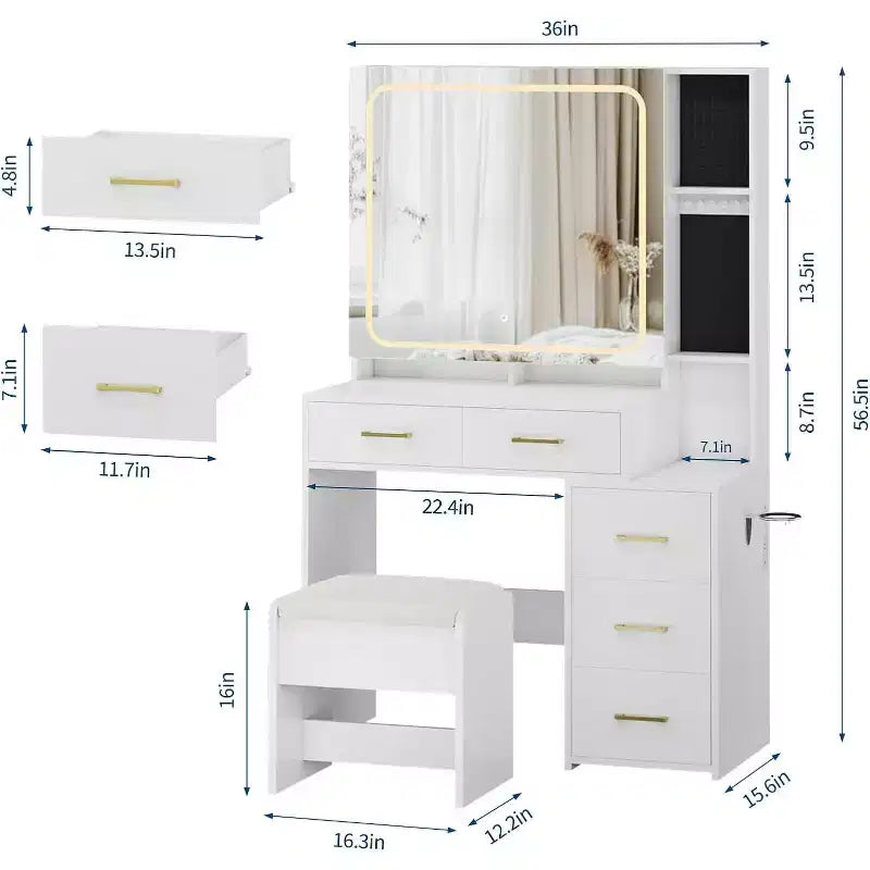 Coiffeuse Blanche avec 5 Tiroirs, Tabouret et Présentoir à Bijoux, pour Chambre, Montage Facile