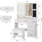 Coiffeuse Blanche avec 5 Tiroirs, Tabouret et Présentoir à Bijoux, pour Chambre, Montage Facile