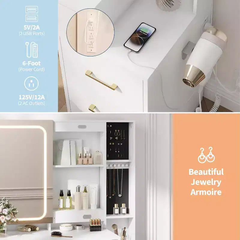 Coiffeuse Blanche avec 5 Tiroirs, Tabouret et Présentoir à Bijoux, pour Chambre, Montage Facile