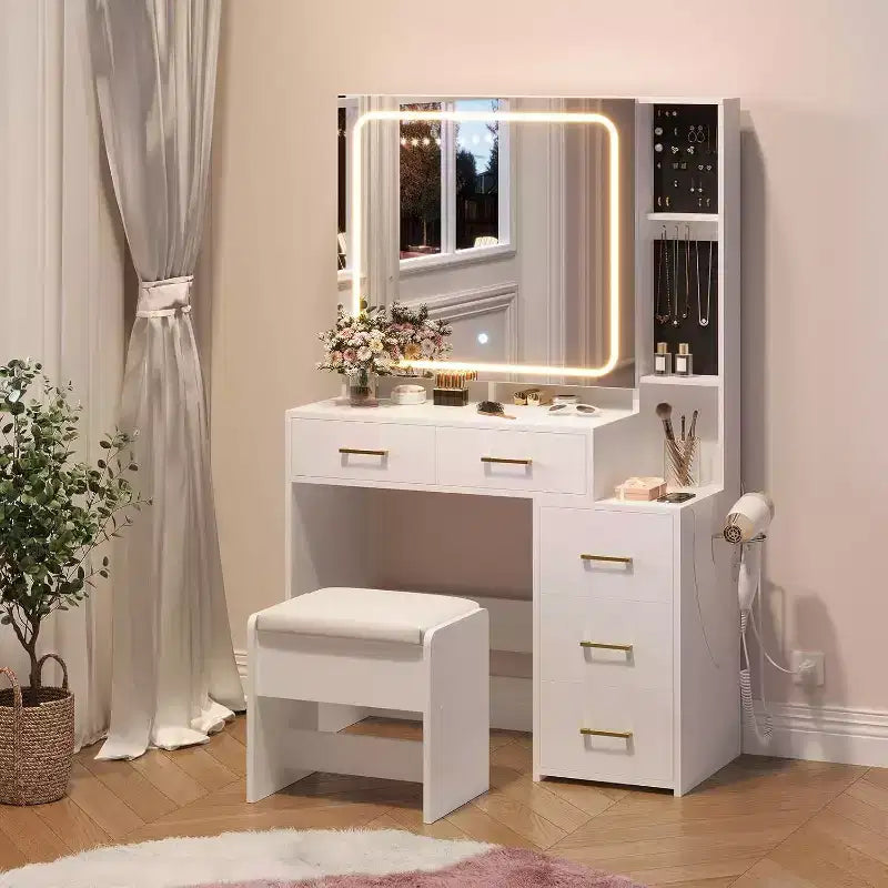 Coiffeuse Blanche avec 5 Tiroirs, Tabouret et Présentoir à Bijoux, pour Chambre, Montage Facile