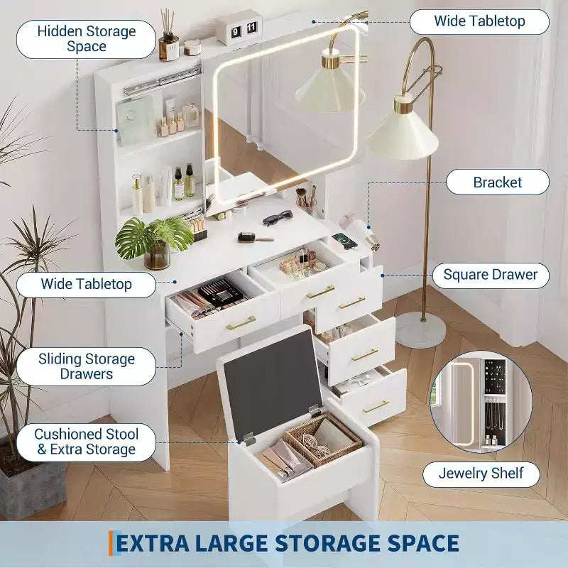 Coiffeuse Blanche avec 5 Tiroirs, Tabouret et Présentoir à Bijoux, pour Chambre, Montage Facile