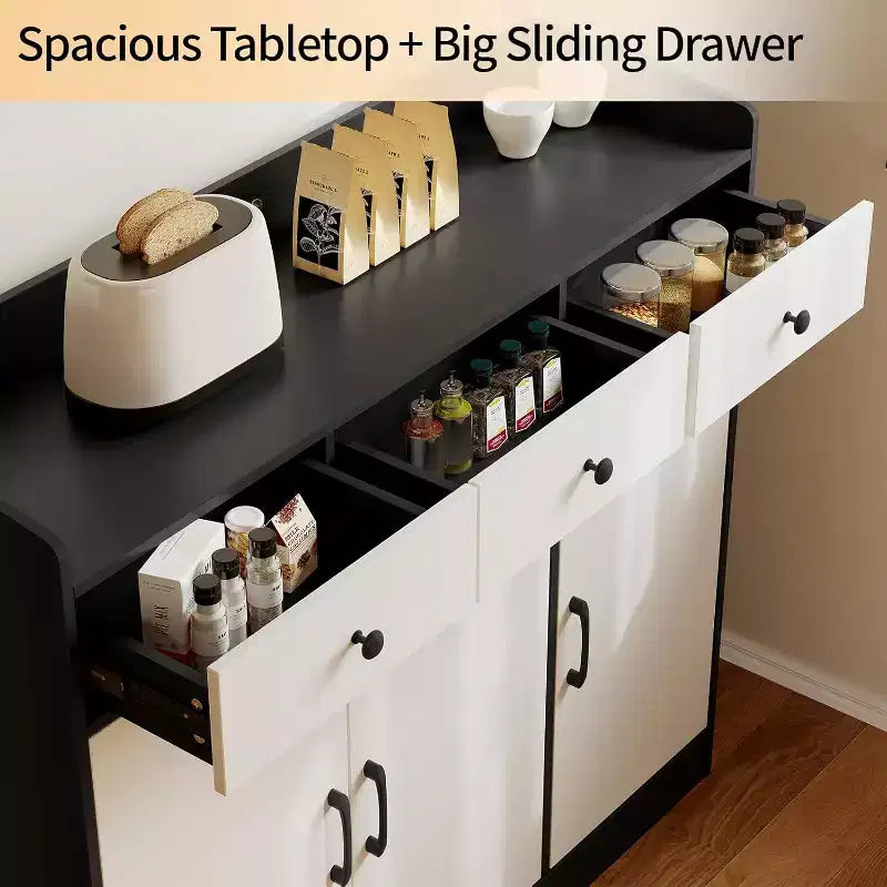 Buffet de salle à manger de 42,5 pouces, meuble de rangement de cuisine moderne avec étagères réglables, armoire en bois avec 3 tiroirs pour salon, salle à manger