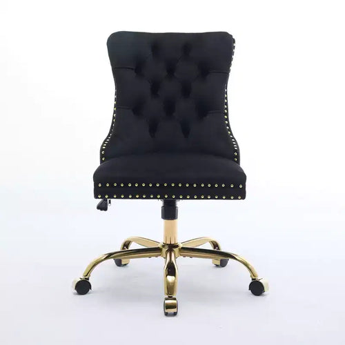 Chaise de bureau pivotante réglable, chaise de bureau moderne en velours capitonné avec base en métal doré (noir)