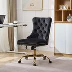 Chaise de bureau pivotante réglable, chaise de bureau moderne en velours capitonné avec base en métal doré (noir)