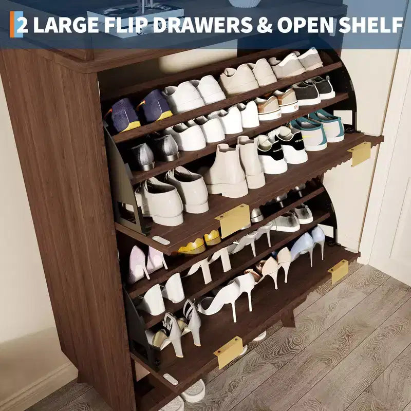 Meuble de rangement pour chaussures avec 2 tiroirs à rabat, meuble de rangement pour chaussures dissimulé sur pied, meuble à chaussures étroit en bois pour couloir et salon